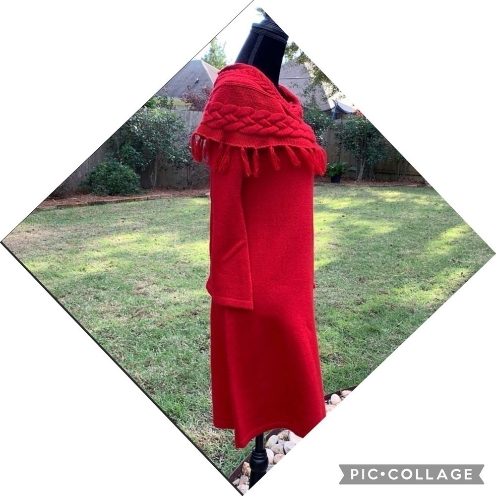 LIZ CLAIBORNE cable knit cowl neck bell sleeve sweater dress fringe valentines